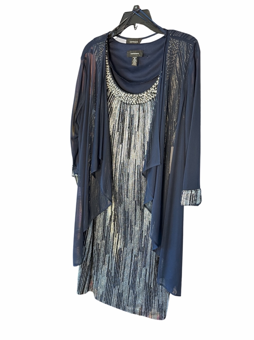 R&M Richards Navy & Silver Metallic Evening Dress with Sheer Overlay
